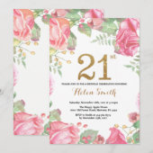 Bloemen 21e verjaardag uitnodiging Gold Glitter (Voorkant / Achterkant)
