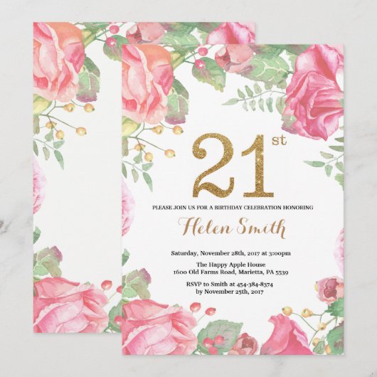 Bloemen 21e verjaardag uitnodiging Gold Glitter (Voorkant / Achterkant)