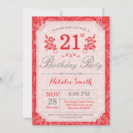 Bloemen 21e verjaardag uitnodiging rood voor vrouw (Voorkant)