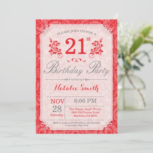Bloemen 21e verjaardag uitnodiging rood voor vrouw (Staand voorkant)
