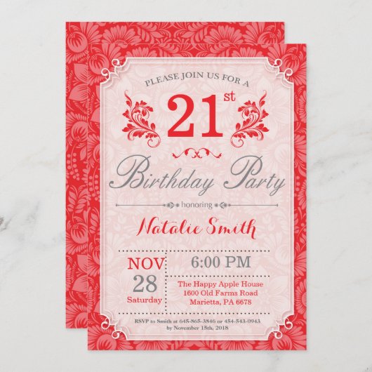 Bloemen 21e verjaardag uitnodiging rood voor vrouw (Voorkant / Achterkant)