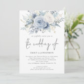 Bloemen 3 Foto's QR Code Stofblauw Bruiloft Kaart (Staand voorkant)