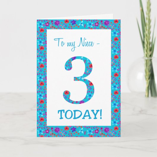  Bloemen 3e Verjaardag voor Niece Blue Kaart (Voorkant)