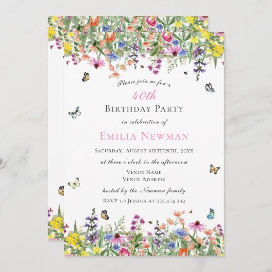 Bloemen 40e verjaardagsfeestje kaart (Voorkant / Achterkant)