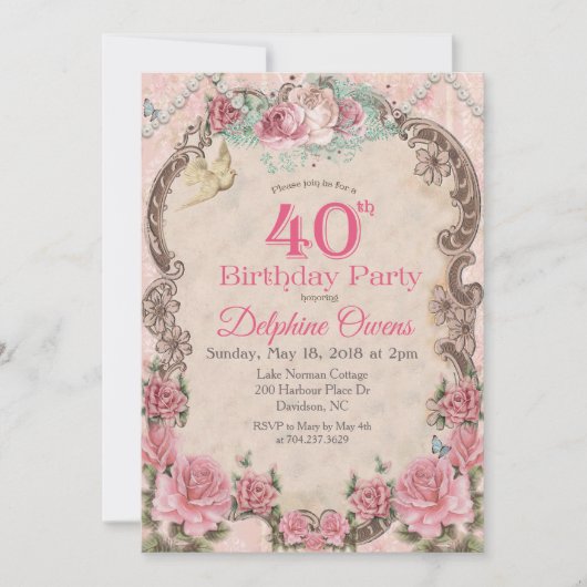 Bloemen 40e Verjaardagsuitnodiging Kaart (Voorkant)