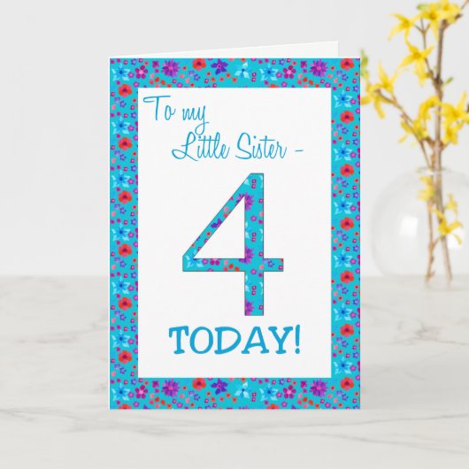  Bloemen 4e Verjaardag Kaart Kleine Zuster Blauw (Gele Bloem)