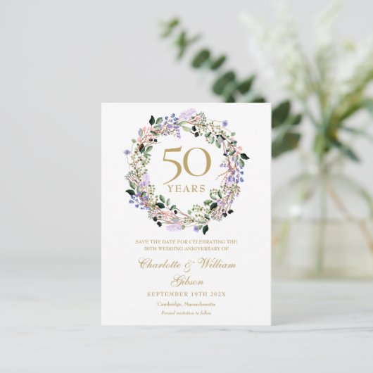 Bloemen 50e bruiloft Jubileum Save the Date Aankondigingskaart (Staand voorkant)