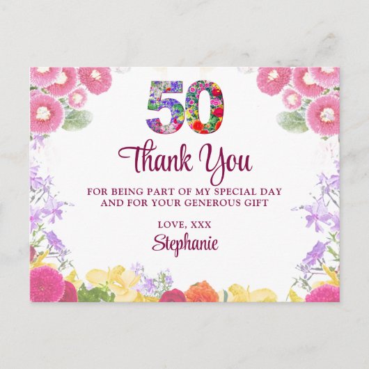 Bloemen 50e verjaardag bedankkaart 50 bloem chic briefkaart (Voorkant)