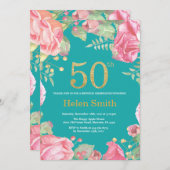 Bloemen 50e Verjaardag Gouden Glitter en Blauwgroe Kaart (Voorkant / Achterkant)