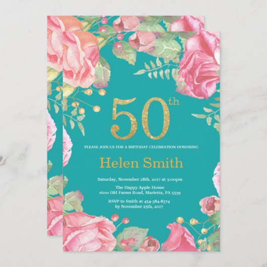 Bloemen 50e Verjaardag Gouden Glitter en Blauwgroe Kaart (Voorkant / Achterkant)