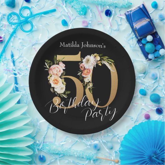 Bloemen 50e Verjaardag Zwart Goud Bohemian Papieren Bordje (Feest)