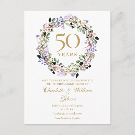 Bloemen 50ste huwelijksjubileum Save the Date Briefkaart (Voorkant)