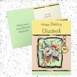 Bloemen 50ste verjaardag aangepaste naam geel kaart