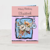 Bloemen 50ste verjaardag aangepaste naam roze kaart (Voorkant)