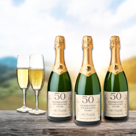 Bloemen 50ste Verjaardag Custom 50 jaar moderne ch Sparkling Wijnetiket