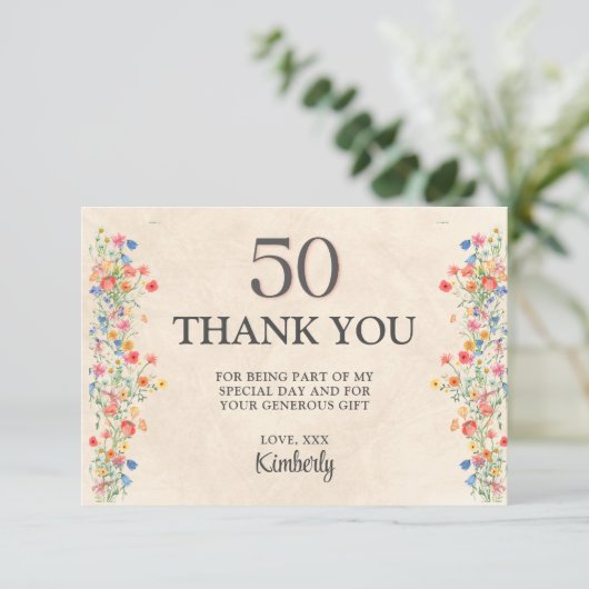 Bloemen 50ste verjaardag elegante 50 jaar wilde bl bedankkaart (Staand voorkant)