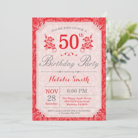 Bloemen 50ste verjaardag uitnodiging rood voor vro (Staand voorkant)