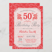 Bloemen 50ste verjaardag uitnodiging rood voor vro (Voorkant / Achterkant)