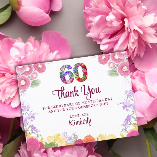 Bloemen 60e verjaardag bedankkaart 60 bloem chic briefkaart