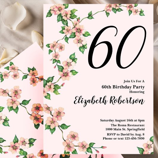 Bloemen 60ste verjaardag uitnodiging in Blush Pink