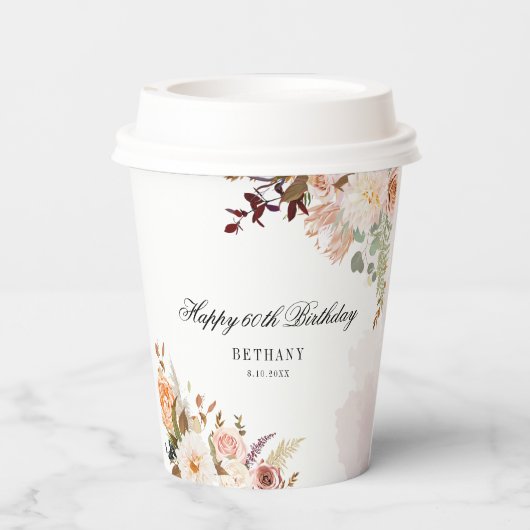 Bloemen 60ste Verjaardagsfeestje Aangepast Papieren Bekers (Achterkant)