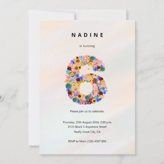 Bloemen 6e verjaardag uitnodiging Minimalistische  (Voorkant)