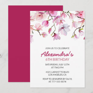 Bloemen 6e verjaardagsuitnodiging Waterverf Roze Kaart