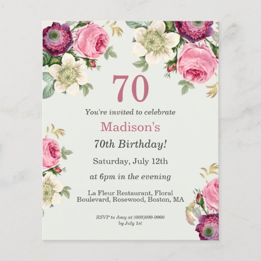 Bloemen 70e budget verjaardagsuitnodiging (Voorkant)