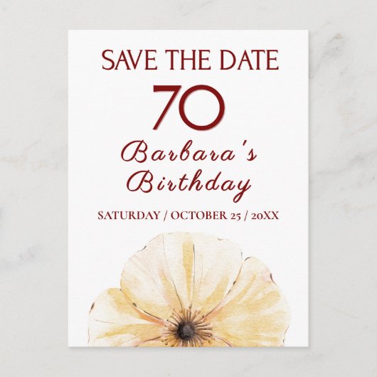 Bloemen 70e verjaardag – Elegant Geel Bloom Design Aankondigingskaart (Voorkant)