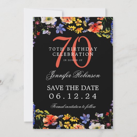 Bloemen 70e verjaardag Save the Date Zwart Kaart (Voorkant)
