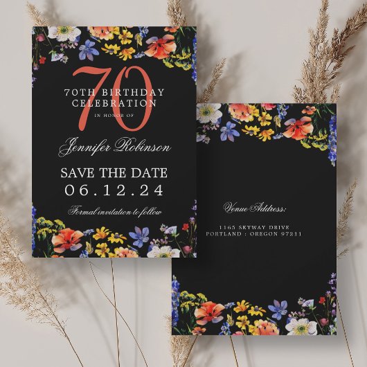 Bloemen 70e verjaardag Save the Date Zwart Kaart