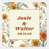 Bloemen 70s Retro Gepersonaliseerde Huwelijk Vierkante Sticker (Voorkant)