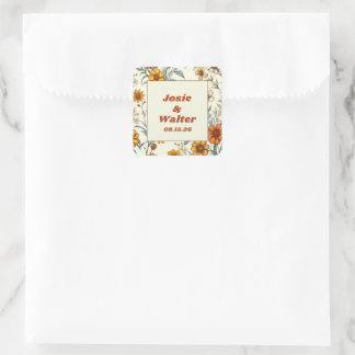 Bloemen 70s Retro Gepersonaliseerde Huwelijk Vierkante Sticker