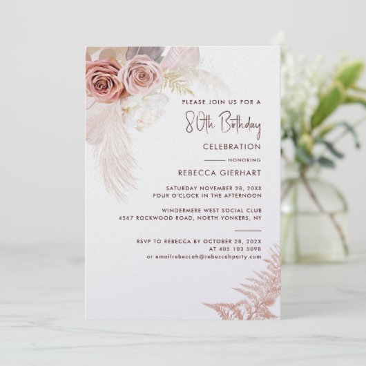 Bloemen 80e verjaardag Pampas Grass Party Kaart (Staand voorkant)