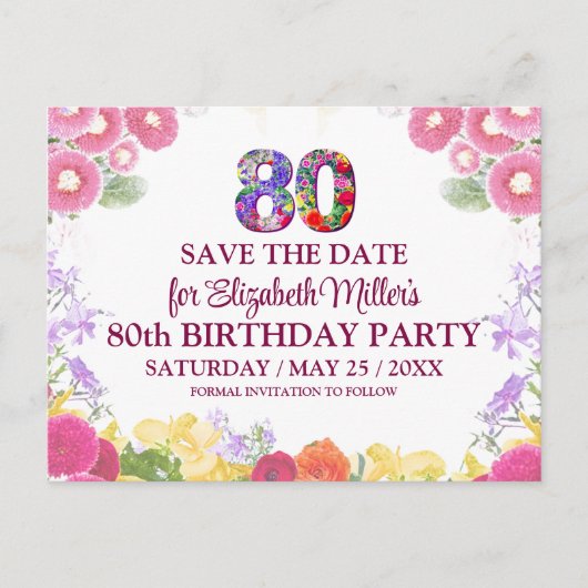 Bloemen 80e verjaardag save the date 80 elegant briefkaart (Voorkant)