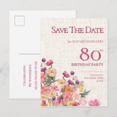 Bloemen 80e verjaardag Save the Date, Elegante tui Aankondigingskaart (Voorkant / Achterkant)