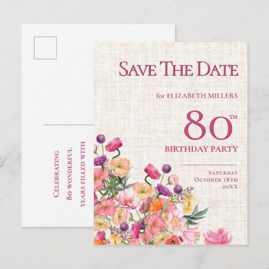 Bloemen 80e verjaardag Save the Date, Elegante tui Aankondigingskaart (Voorkant / Achterkant)