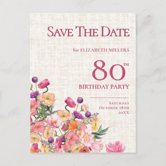Bloemen 80e verjaardag Save the Date, Elegante tui Aankondigingskaart (Voorkant)