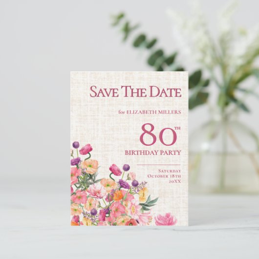 Bloemen 80e verjaardag Save the Date, Elegante tui Aankondigingskaart (Staand voorkant)
