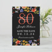 Bloemen 80e verjaardag Save the Date Zwart Kaart (Staand voorkant)
