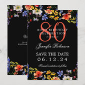 Bloemen 80e verjaardag Save the Date Zwart Kaart (Voorkant / Achterkant)
