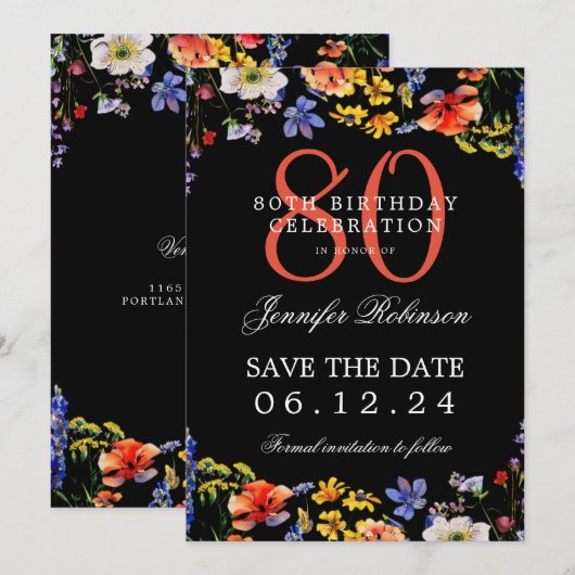 Bloemen 80e verjaardag Save the Date Zwart Kaart (Voorkant / Achterkant)