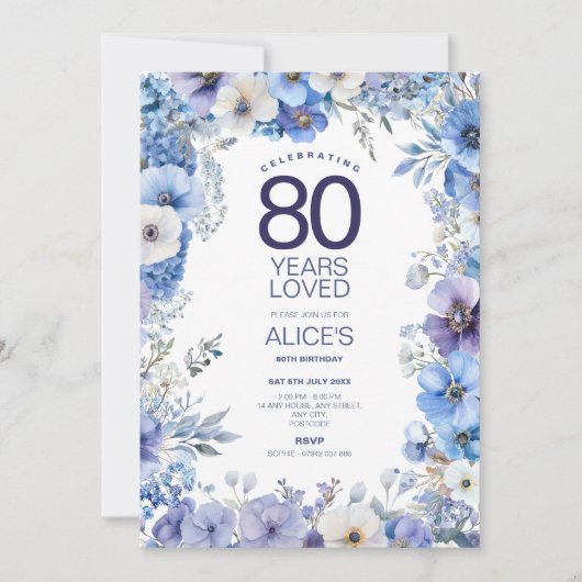 Bloemen 80e verjaardag Uitnodigen, Blauw & Paars B Kaart (Voorkant)