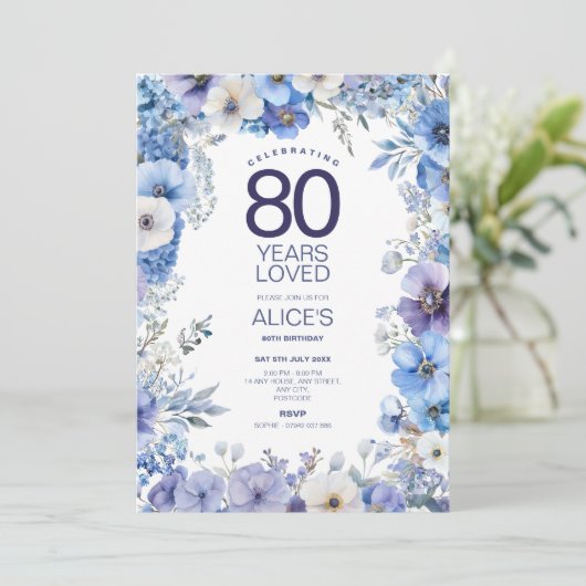 Bloemen 80e verjaardag Uitnodigen, Blauw & Paars B Kaart (Staand voorkant)