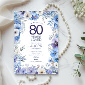 Bloemen 80e verjaardag Uitnodigen, Blauw & Paars B Kaart
