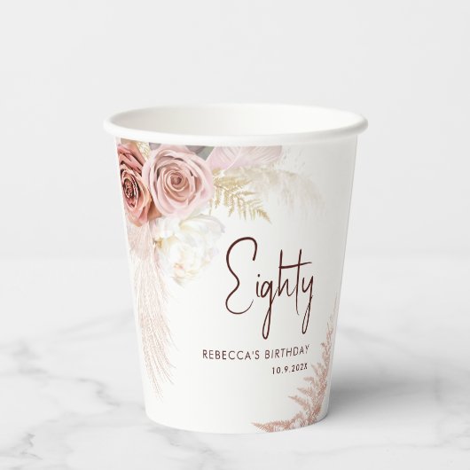 Bloemen 80e Verjaardagsfeest Pampas Grass Papieren Bekers (Achterkant)