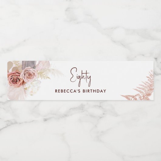 Bloemen 80e Verjaardagsfeest Pampas Grass Waterfles Etiket (Enkel label)