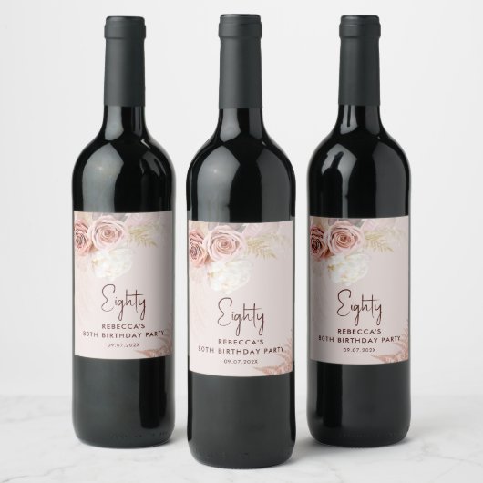 Bloemen 80e Verjaardagsfeest Pampas Grass Wijn Etiket (Flessen)
