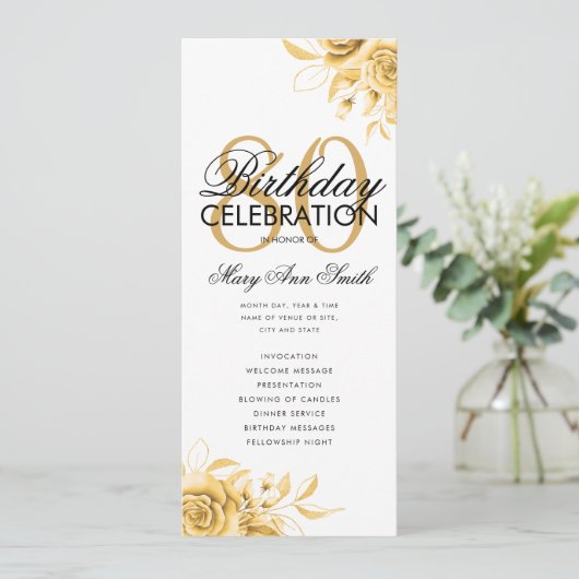 Bloemen 80e Verjaardagsprogramma Goud w / Menu Kaart (Staand voorkant)