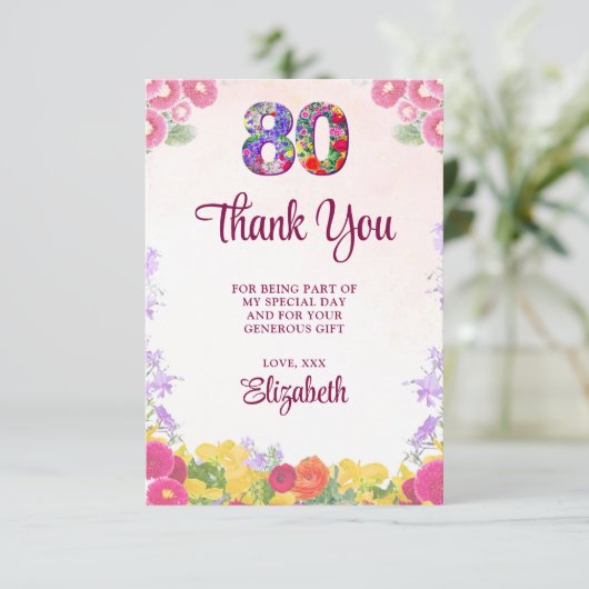 Bloemen 80ste verjaardag bedankkaart 80 bloem chic (Staand voorkant)
